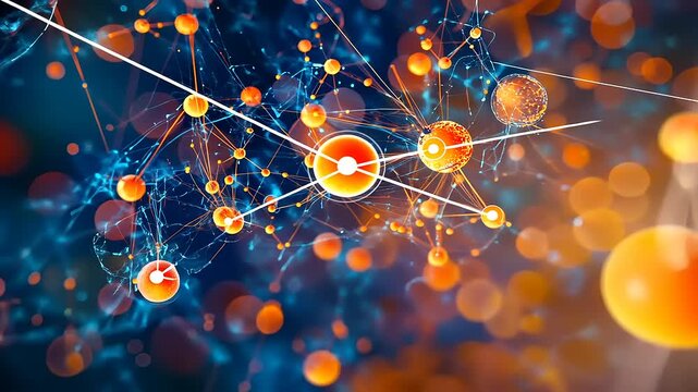 Abstract representation of atomic structure with vibrant particles and connections in a digital environment