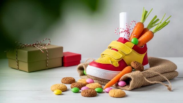 Childrens shoe and pepernoten for Sinterklaas and carrot for horse treat stands in front of hot fireplace. Celebration concept for children party in Saint Nicolas day five december. 