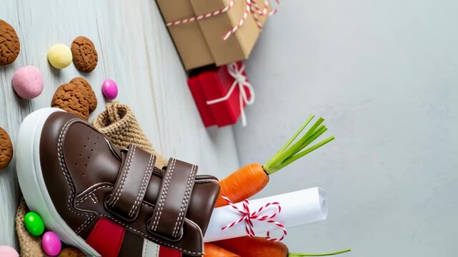 Childrens shoe and pepernoten for Sinterklaas and carrot for horse treat stands in front of hot fireplace. Celebration concept for children party in Saint Nicolas day five december. 