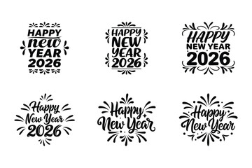 2026 Happy New Year Logo Text Collection. 2026 Number Typography Template. Set of 2026 Celebration Symbols. Vector Illustration with Black Icons Isolated on White Background
