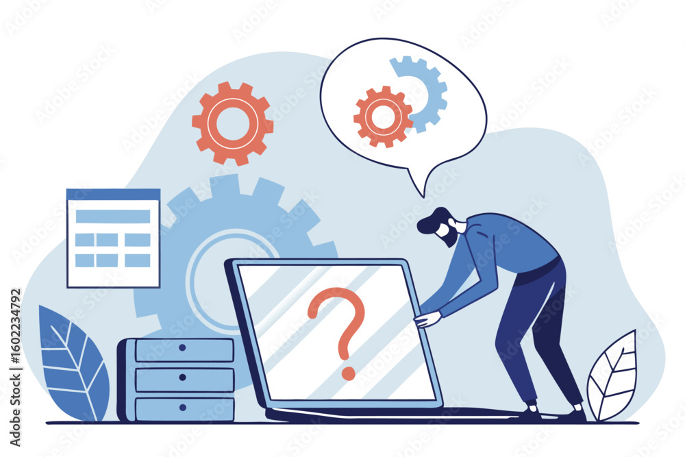 Poster man interacts with a large tablet while contemplating a question mark amidst gears and a chart in a 