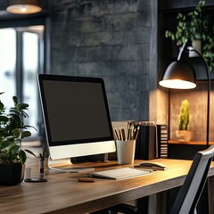 Modern minimalist workspace with desktop computer, plants, and desk lamp