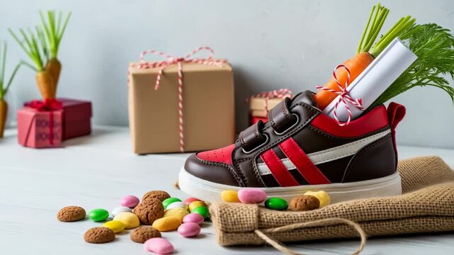 Childrens shoe and pepernoten for Sinterklaas and carrot for horse treat stands in front of hot fireplace. Celebration concept for children party in Saint Nicolas day five december. 