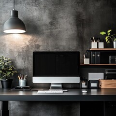 Modern workspace with computer, desk, and plants against a textured wall
