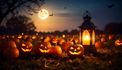 Halloween pumpkins lit by moonlight