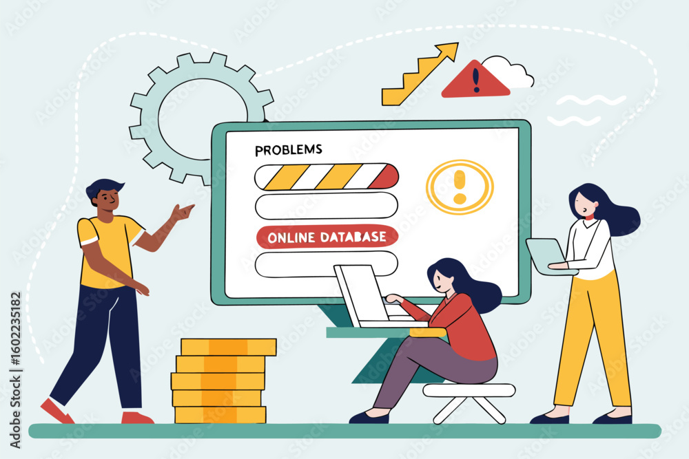 Aufkleber illustration of team discussing online database issues with a focus on problem-solving and technolog