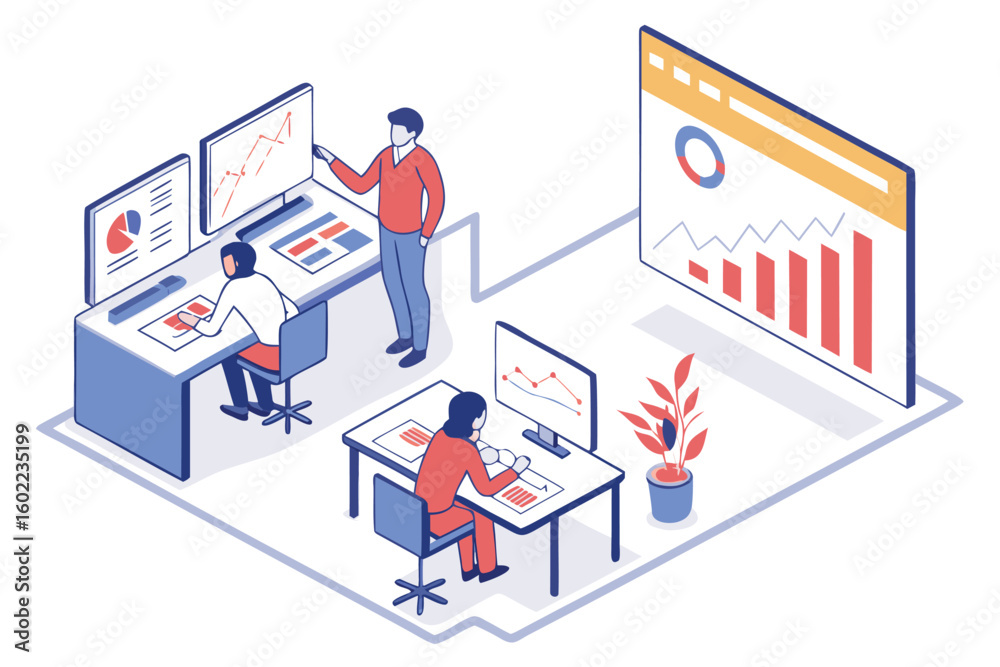 Poster team members collaborate in a modern office setting while analyzing data and creating visual present