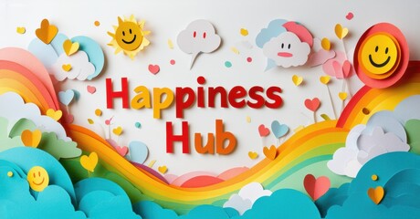 Colorful papercraft illustration depicts Happiness Hub text over rainbow, clouds, suns, hearts. Bright, cheerful design evokes positivity.