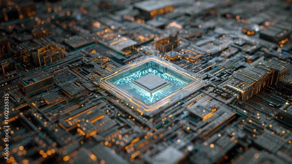 Poster quantum core: a high-angle shot of a state-of-the-art central processing unit (cpu), illuminated by 