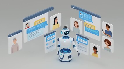 A friendly robot interacting with diverse individuals through chat interfaces, showcasing digital communication