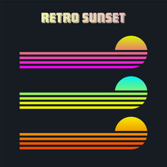 Vintage colorful sunset. Various gradient striped sunrise badges in 80s and 90s style. Sun and ocean view, summer vibes, surfing. Design element for print, logo or t-shirt. Vector illustration