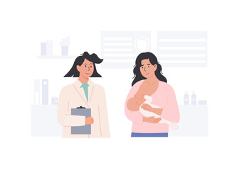 Young breastfeeding mother at clinic appointment with pediatrician, midwife, or lactation consultant. Postnatal health check and breastfeeding support. Flat Style Vector Illustration.