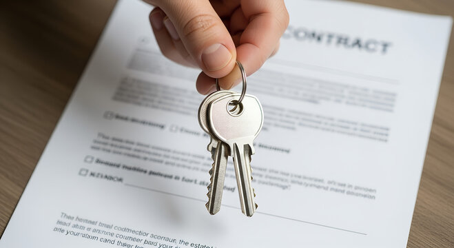 Close-up of a hand holding house keys above a real estate contract. Ideal for illustrating buying a home, renting, or property transfer.