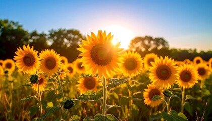 Fototapeta premium Sunflowers field at sunset (1)