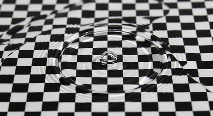 Fototapeta premium Water Drop Ripples on Black and White Checkered Surface, Abstract Visual Effect