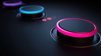Close-up of three sleek, black rotary knobs with vibrant neon purple, blue, and pink illuminated rings set against a dark background, suggesting a technological control panel