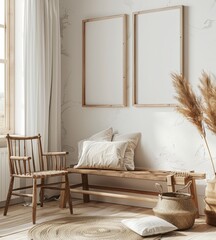 A rustic wooden bench with two pillows. a woven rug. and a wicker basket in a minimalist living room with two empty frames on the wall