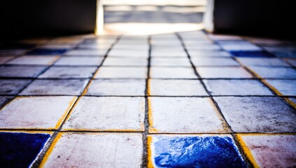 Close-up view of a patterned tile floor