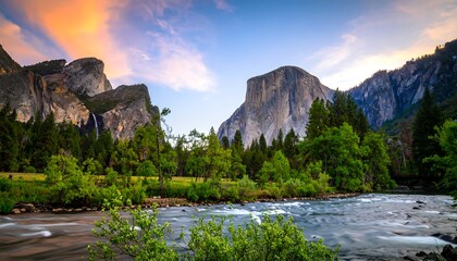 Scenic Yosemite Valley at sunrise