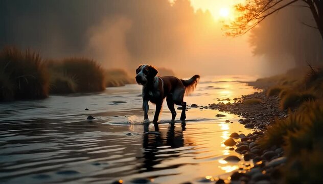 German wirehaired pointer walking beside a mountain stream
