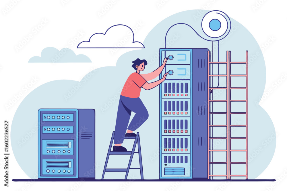 Poster technician working on server maintenance while using a ladder in a modern data center environment du