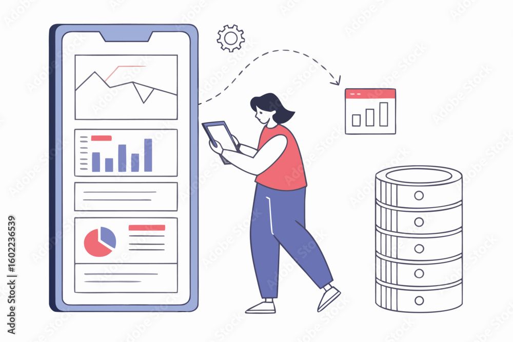Poster person analyzing data on a tablet next to a smartphone displaying charts and graphs with data storag