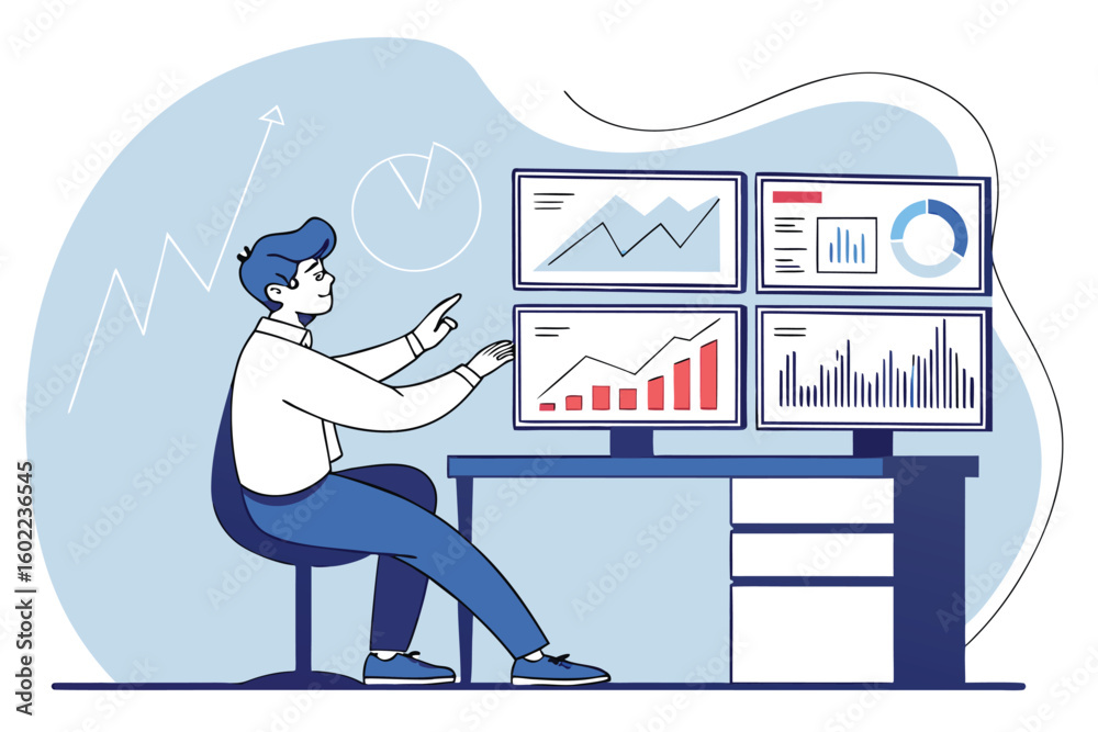 Poster professional working at a desk analyzing data on multiple monitors during a busy day in a modern off