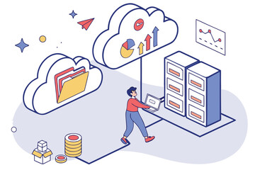 Man using laptop to access cloud storage while organizing data in a digital workspace with charts and files