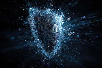 Concept of cyber attack.Cyber security destroyed.Shield destroyed on electric circuits network dark blue.Information leak concept