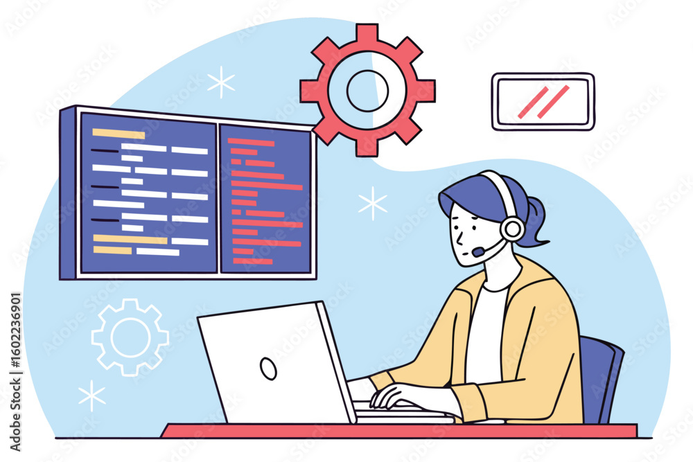 Poster person working on a laptop with coding display and headset in a modern workspace during daytime