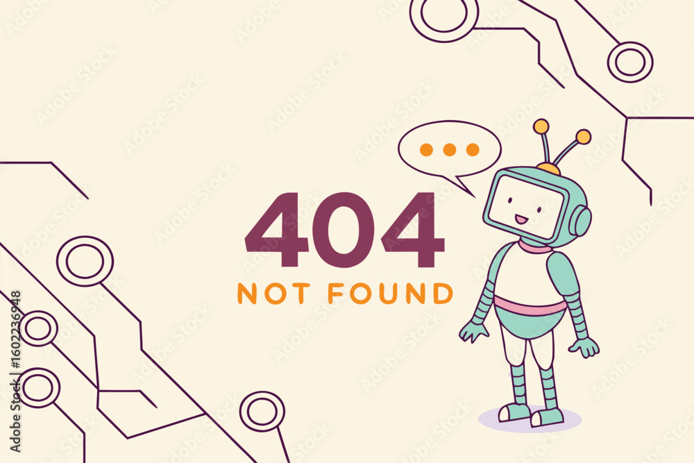 Fototapete cute robot character in retro style with a playful expression, surrounded by circuit patterns and a 
