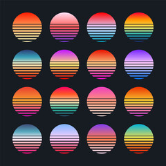 Vintage colorful sunset. Striped gradient sunrise badges in 80s and 90s style. Sun and ocean view, summer vibes, surfing. Design element for print, logo or t-shirt. Vector illustration
