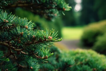Close up of shrubs in a decorative German garden Natural green park background with a pine branch and a fir tree among ornamental spruces