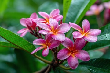 Detail shot of lovely pink plumeria flowers amidst lush green foliage Ideal for tropical floral and nature designs High resolution photo