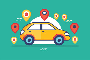 Car parked with location markers around it, showcasing navigation concepts in a modern graphic style
