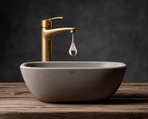 Elegant modern faucet over minimalist stone sink studio setting interior design focused view luxury concept