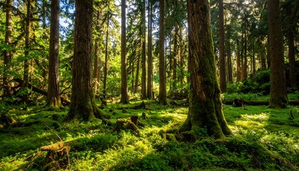 Sunlight filtering through mossy forest