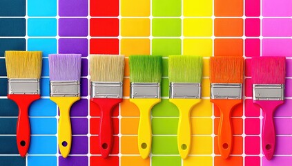 Row of colorful paintbrushes on a vibrant rainbow-colored tile background