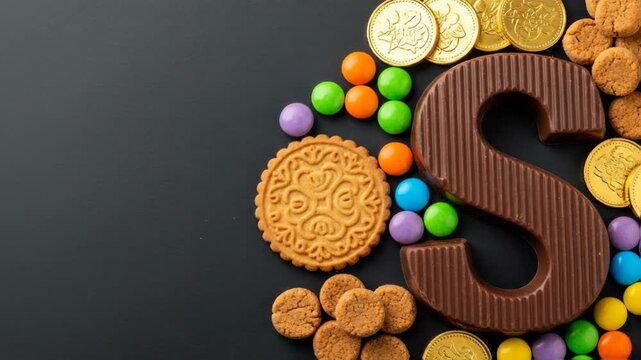 Traditional dutch chocolate latter S, sweet Kids treats candies and gold coins for Sinterklaas day on white background. Celebration concept for children party in Saint Nicolas day five december. 