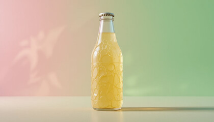 Glass bottle filled with fizzy, light yellow beverage stands on smooth surface, set against pastel gradient background of pink and green hues, creating refreshing and vibrant atmosphere