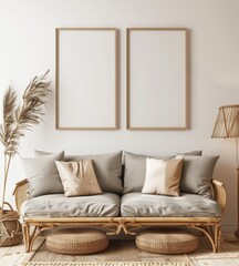 A living room interior with a rattan sofa. two empty picture frames. and a floor lamp