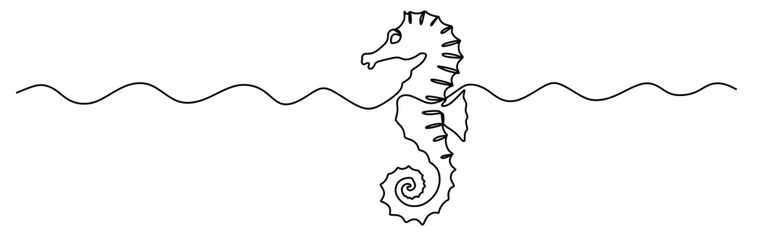 continuous line art of a seahorse swimming on the surface of the ocean. © mamat