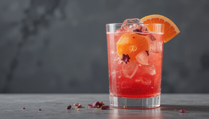 Refreshing glass of red citrus cocktail garnished with orange slice and flower petals sits on dark surface. drink is filled with ice cubes, creating cool and inviting appearance