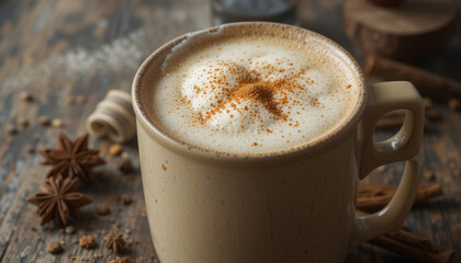 Warm, frothy cappuccino topped with cinnamon sits in beige mug on rustic wooden table, surrounded by star anise and cinnamon sticks, creating cozy atmosphere