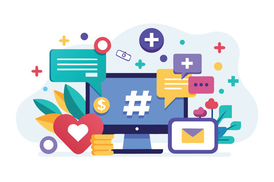 Colorful digital workspace with social media elements representing online engagement and communication strategies for businesses and individuals