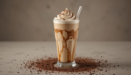 Creamy iced coffee drink topped with whipped cream and cocoa powder sits in tall glass, surrounded by scattered cocoa on light surface. swirls of caramel add rich touch