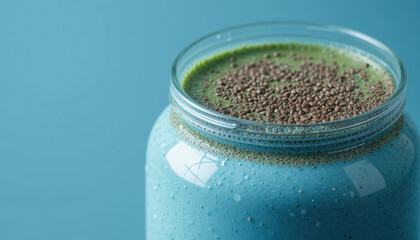 Vibrant blue smoothie in clear jar is topped with chia seeds, creating healthy and refreshing appearance against matching blue background