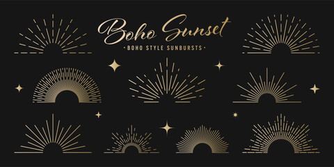 Vintage golden sunburst, sunset beams collection. Boho style, modern minimalist bohemian design. Hand drawn bursting sun, light rays. Logotype or lettering retro design element. Vector illustration
