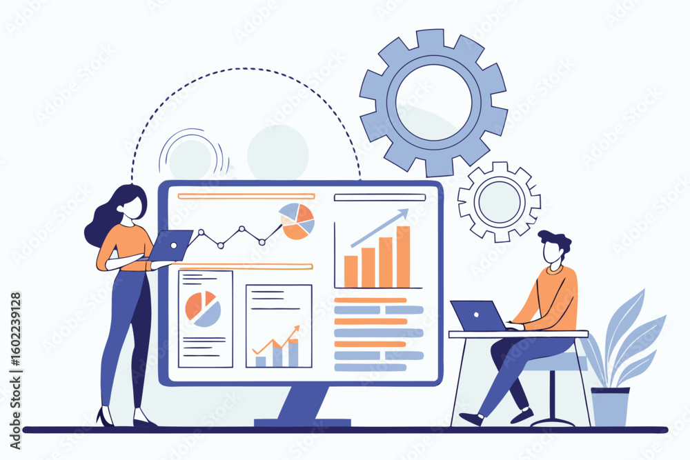 Poster individuals collaborating on data analysis and business presentation with graphs and charts displaye
