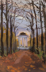 Gazebo park oil painting. A white rotunda in an autumn forest with fallen leaves. Hand-drawn illustration. The concept of romance, privacy. Atmospheric landscape. Modern Impressionist painting